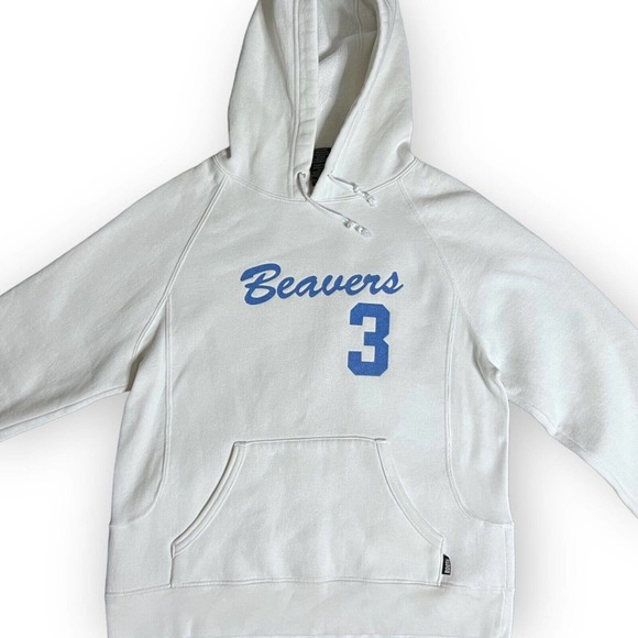 Roots Canada Athletics Women's White & Blue Flocked Graphic Beavers Hoodie Sz S - Picture 3 of 13
